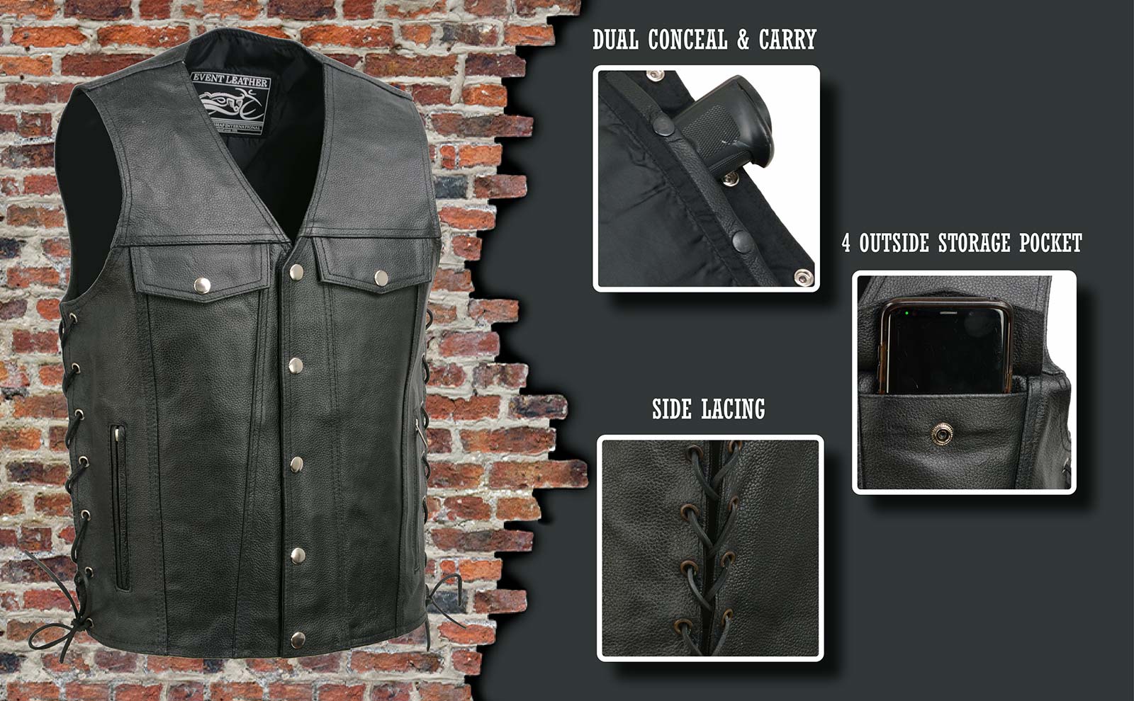 Event Leather EL5360 Men's Black Leather Vest with Denim Style Pockets and Side Lace - Image 2