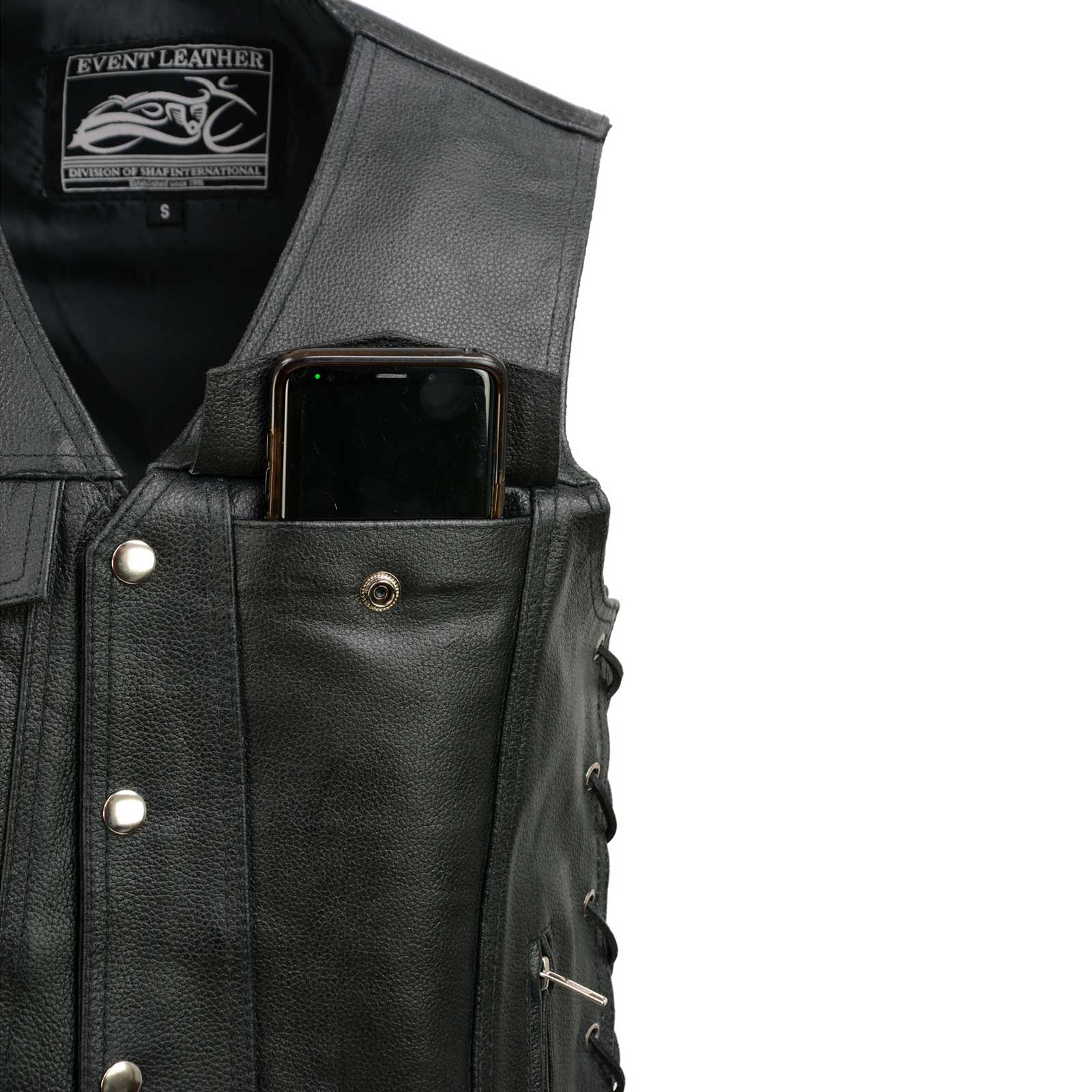 Event Leather EL5360 Men's Black Leather Vest with Denim Style Pockets and Side Lace - Image 8