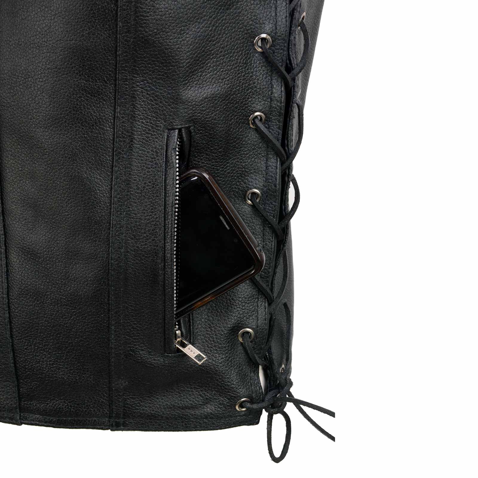 Event Leather EL5360 Men's Black Leather Vest with Denim Style Pockets and Side Lace - Image 9