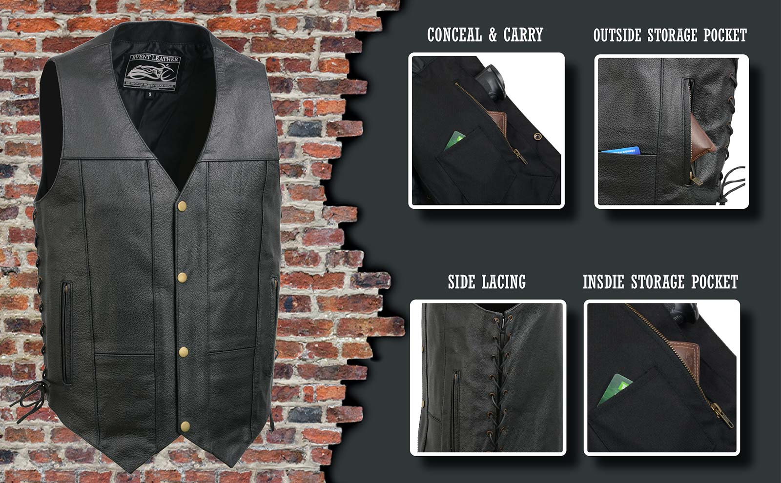 Event Leather EL5391 Men's Black Leather 10 Pocket Side Lace Vest - Image 2