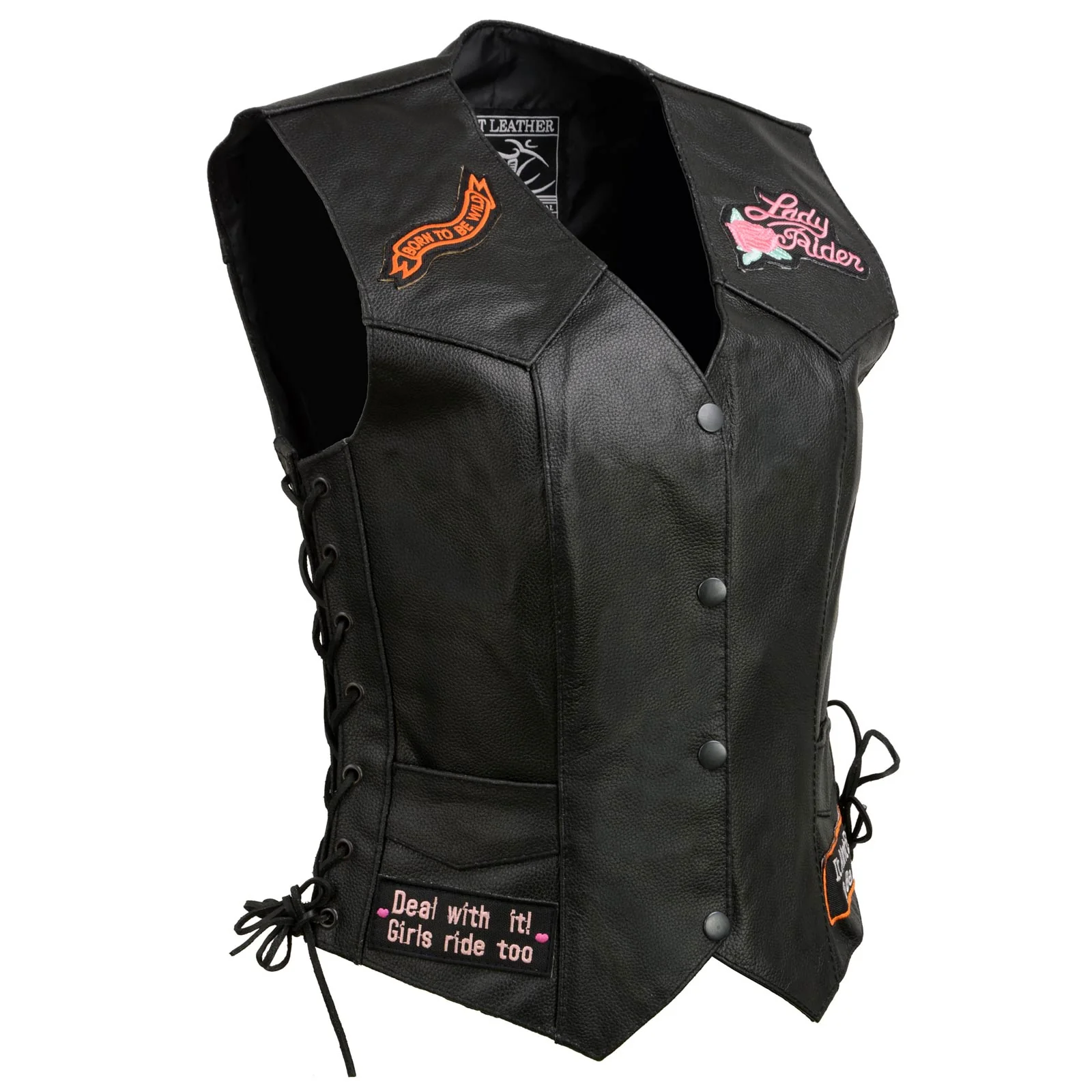 Event Leather ELL4900 Women’s 'Love to Ride' Black Leather Motorcycle Patched Embroidered Vests with Side Laces - Image 10