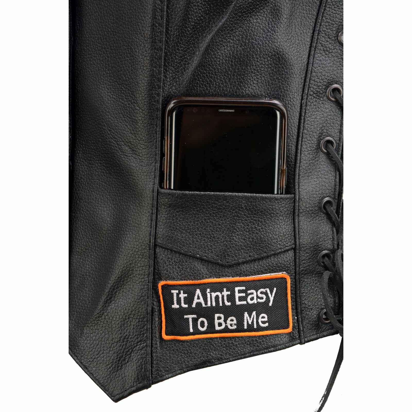Event Leather ELL4900 Women’s 'Love to Ride' Black Leather Motorcycle Patched Embroidered Vests with Side Laces - Image 11