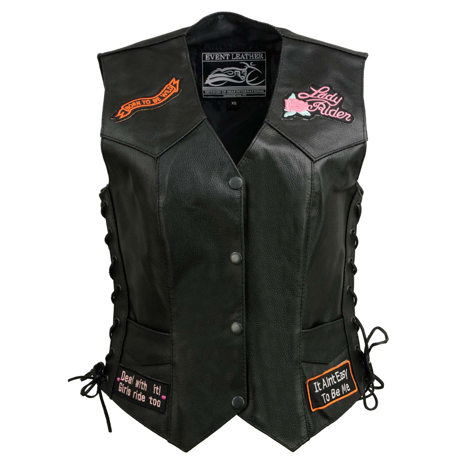 Event Leather ELL4900 Women’s 'Love to Ride' Black Leather Motorcycle Patched Embroidered Vests with Side Laces - Image 12