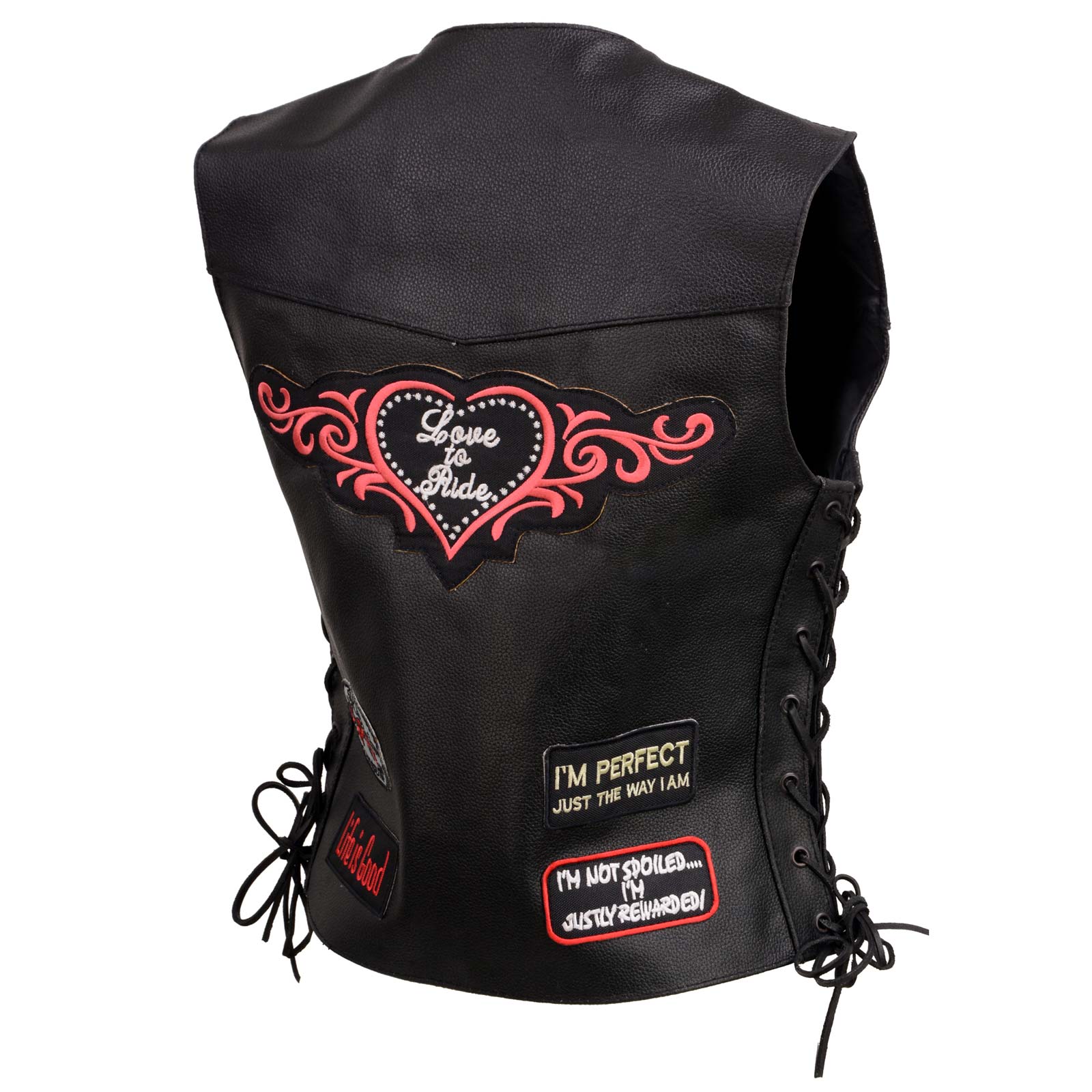 Event Leather ELL4900 Women’s 'Love to Ride' Black Leather Motorcycle Patched Embroidered Vests with Side Laces - Image 13