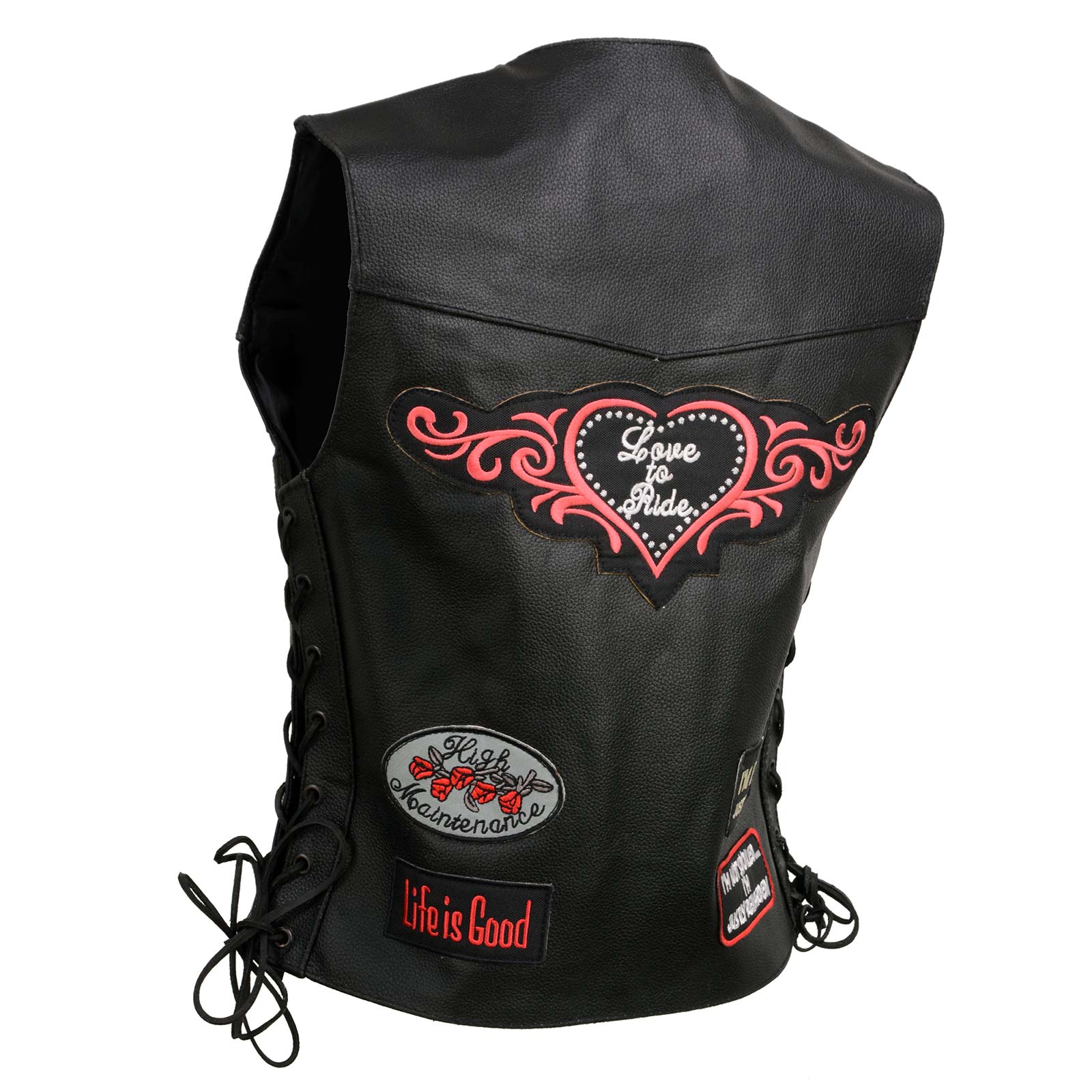Event Leather ELL4900 Women’s 'Love to Ride' Black Leather Motorcycle Patched Embroidered Vests with Side Laces - Image 15