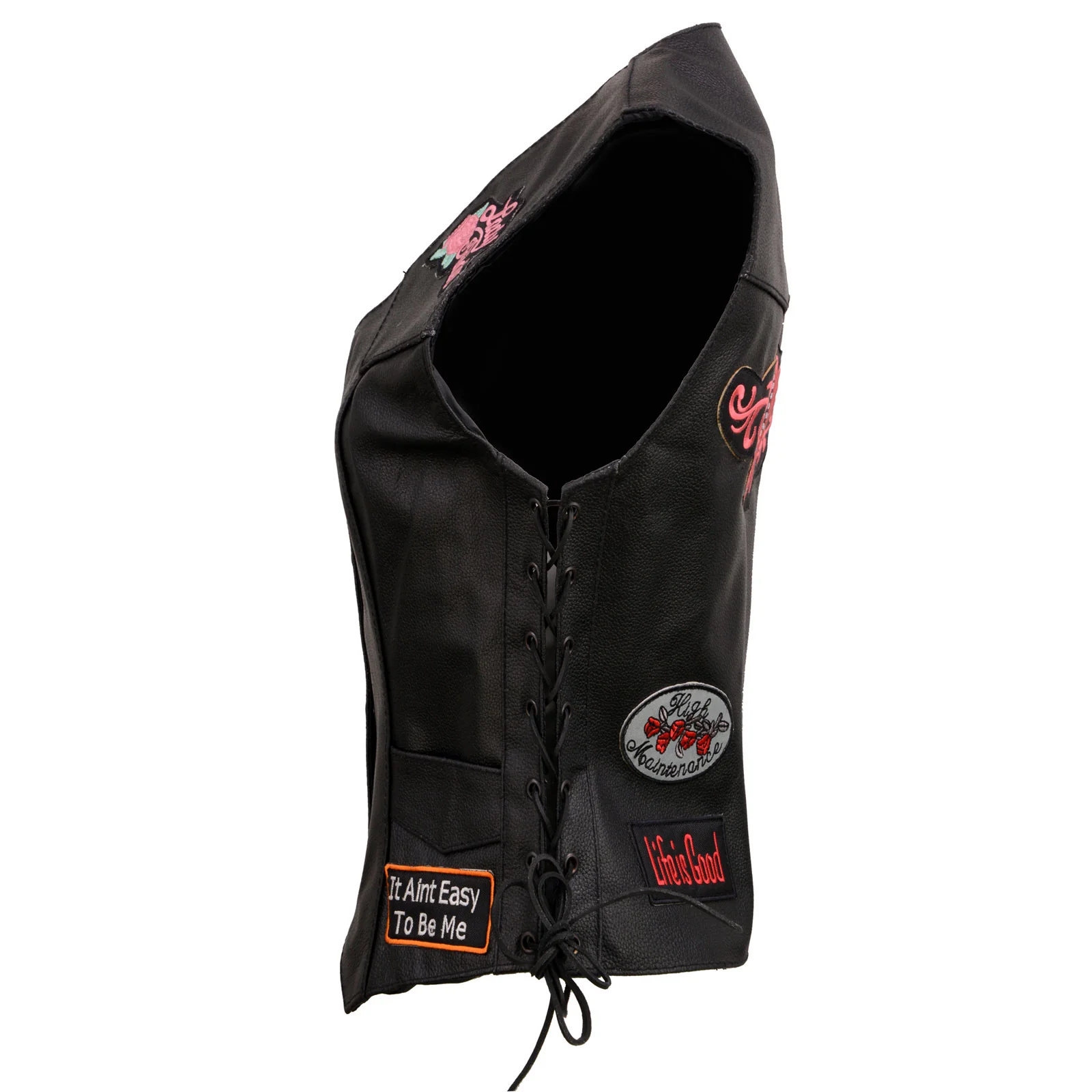 Event Leather ELL4900 Women’s 'Love to Ride' Black Leather Motorcycle Patched Embroidered Vests with Side Laces - Image 16