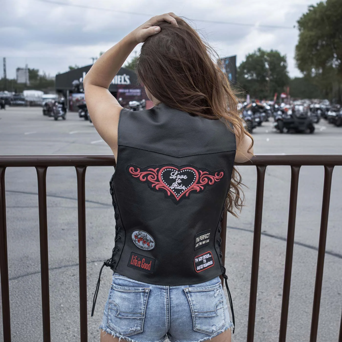 Event Leather ELL4900 Women’s 'Love to Ride' Black Leather Motorcycle Patched Embroidered Vests with Side Laces - Image 2