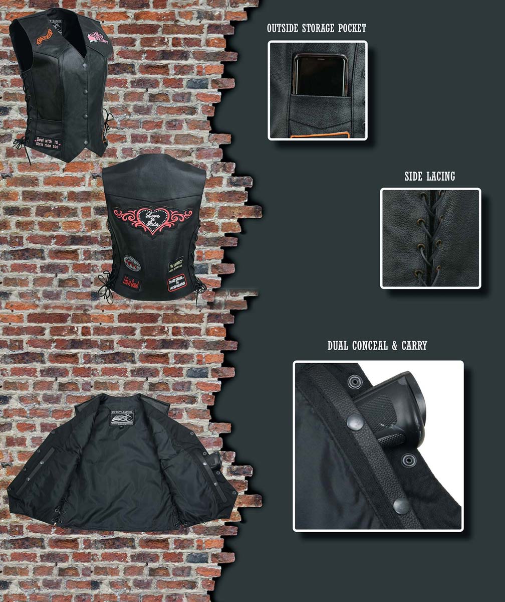Event Leather ELL4900 Women’s 'Love to Ride' Black Leather Motorcycle Patched Embroidered Vests with Side Laces - Image 4