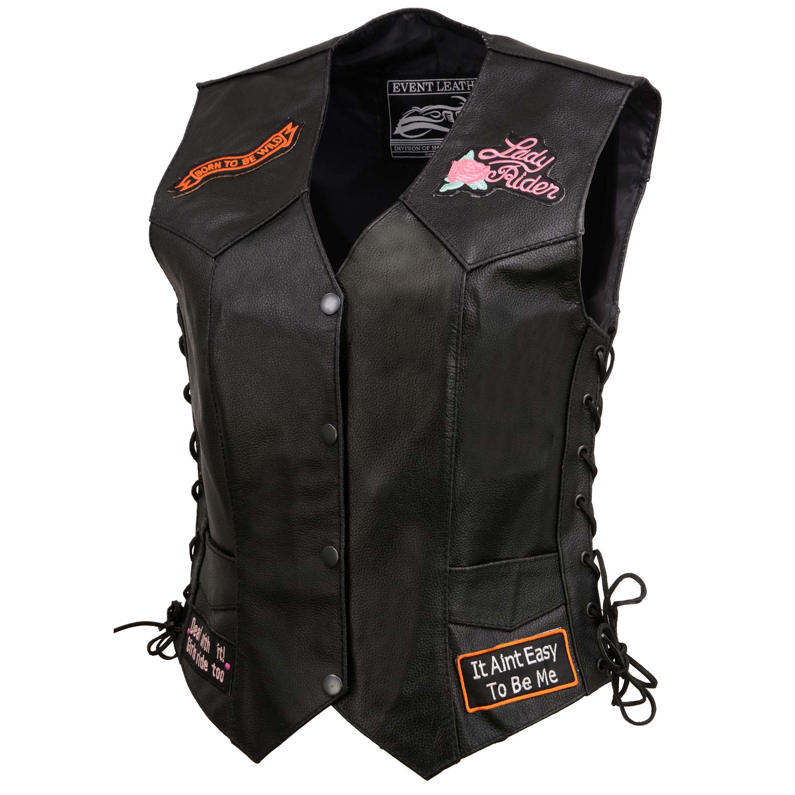 Event Leather ELL4900 Women's Classic Black Genuine Leather Side Laced Motorcycle Riders Vest w/ 9 Patches - Image 14