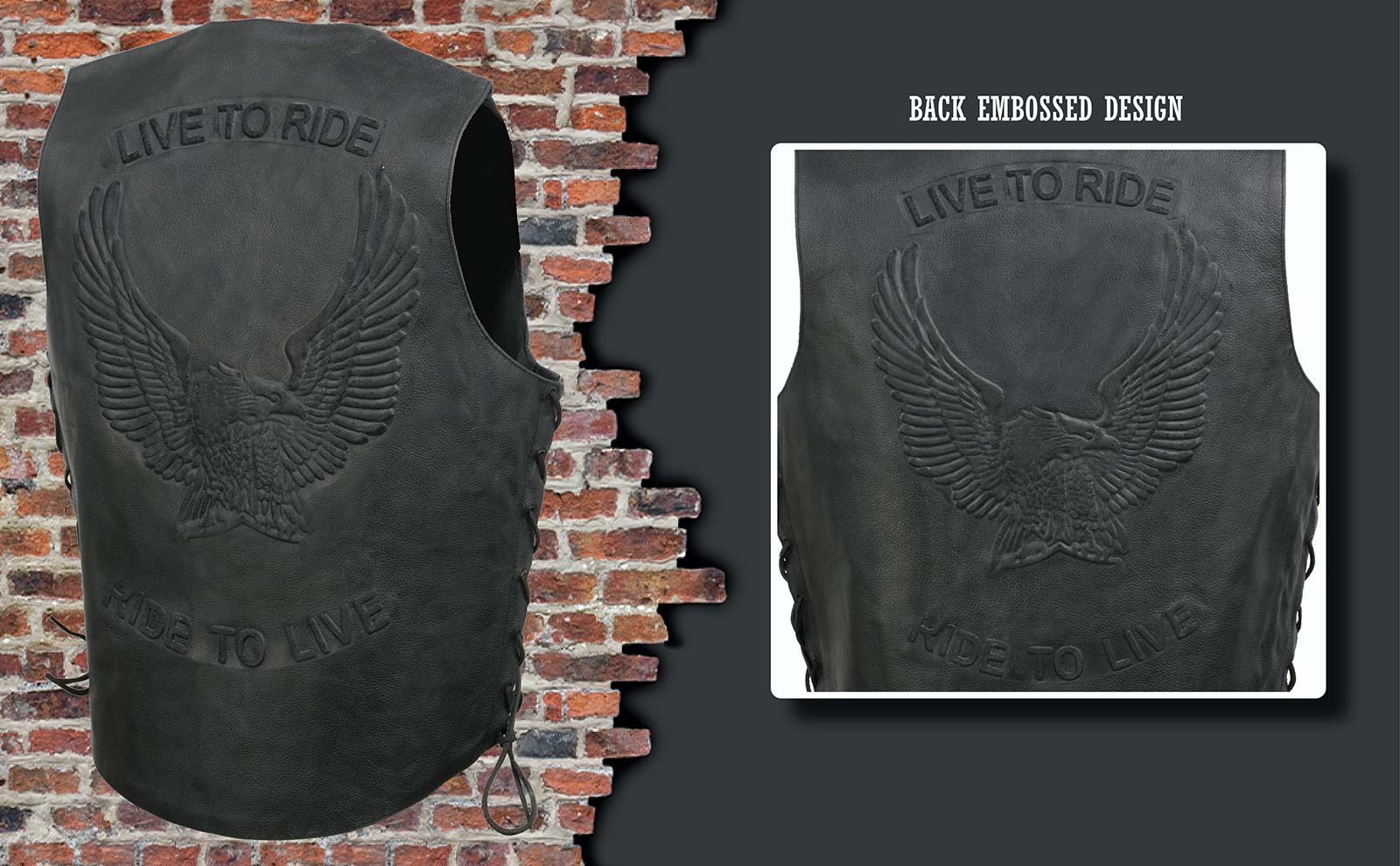 Event Leather's ELM3900 Men's 100% Genuine Motorcycle Leather Vest | Biker Vests with Embossed Eagle | Live To Ride - Image 2