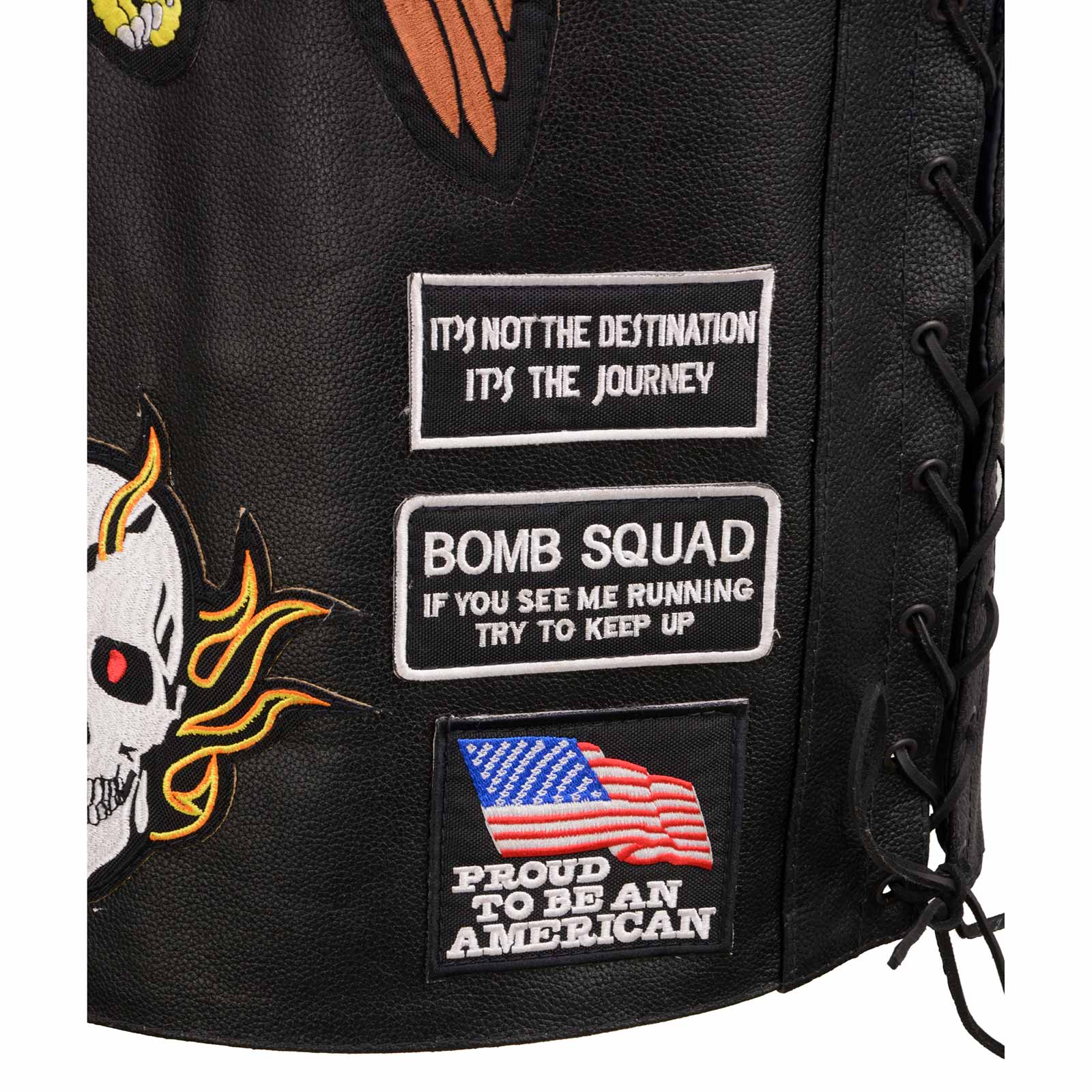 Event Leather ELM3920 Men's Black Leather Pre-Patched Bikers Vest w/ 6 Pockets - 23 Patches and Side Laces - Image 10