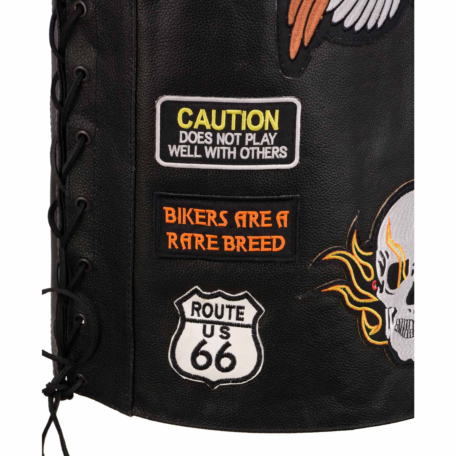 Event Leather ELM3920 Men's Black Leather Pre-Patched Bikers Vest w/ 6 Pockets - 23 Patches and Side Laces - Image 11