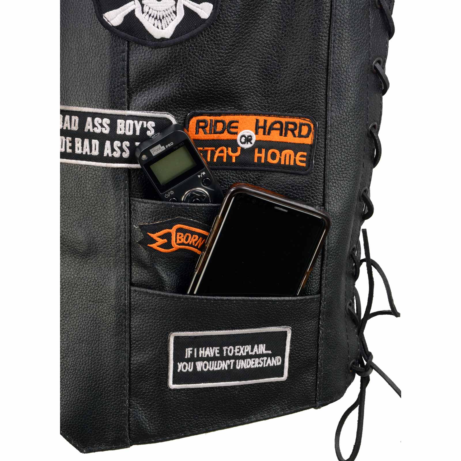 Event Leather ELM3920 Men's Black Leather Pre-Patched Bikers Vest w/ 6 Pockets - 23 Patches and Side Laces - Image 12