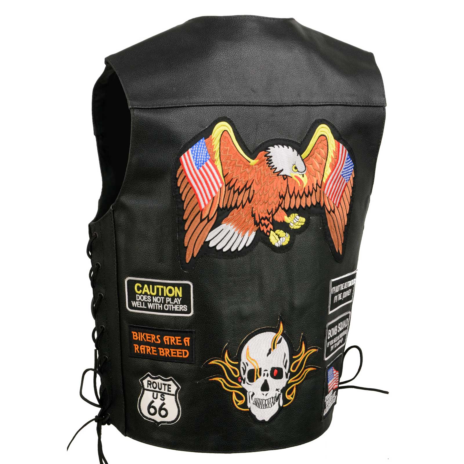 Event Leather ELM3920 Men's Black Leather Pre-Patched Bikers Vest w/ 6 Pockets - 23 Patches and Side Laces - Image 13