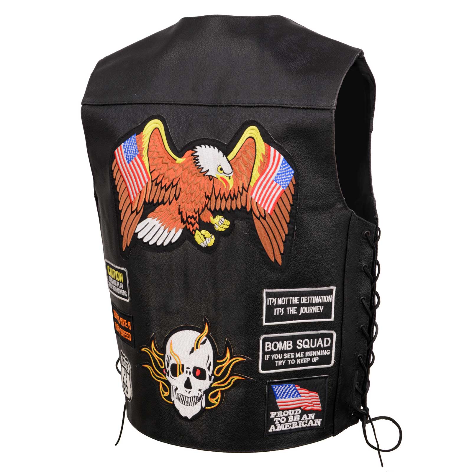 Event Leather ELM3920 Men's Black Leather Pre-Patched Bikers Vest w/ 6 Pockets - 23 Patches and Side Laces - Image 14