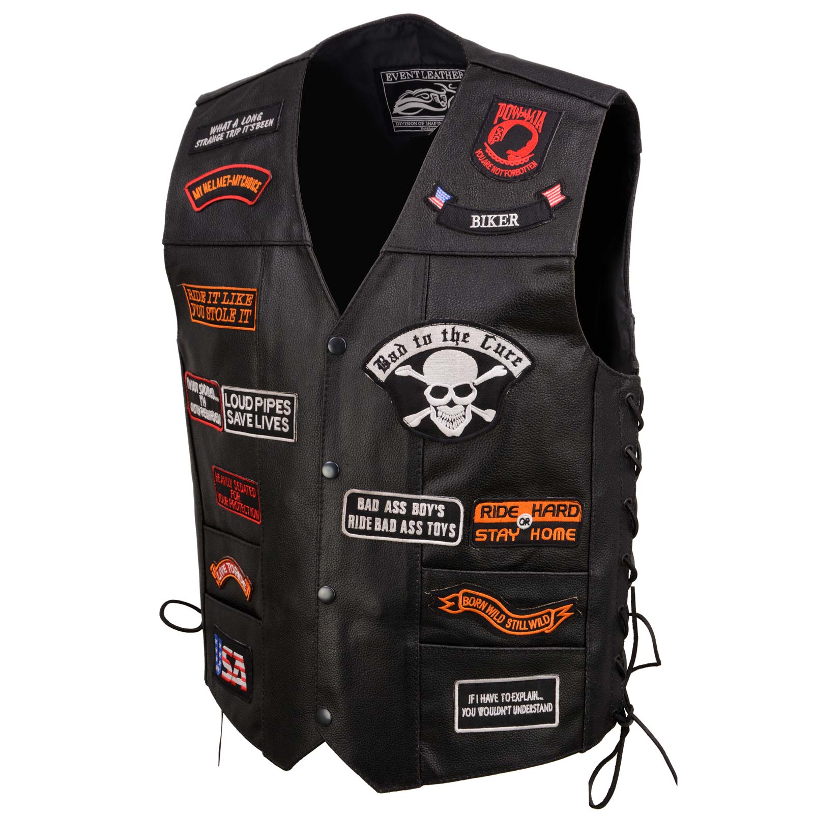 Event Leather ELM3920 Men's Black Leather Pre-Patched Bikers Vest w/ 6 Pockets - 23 Patches and Side Laces - Image 15
