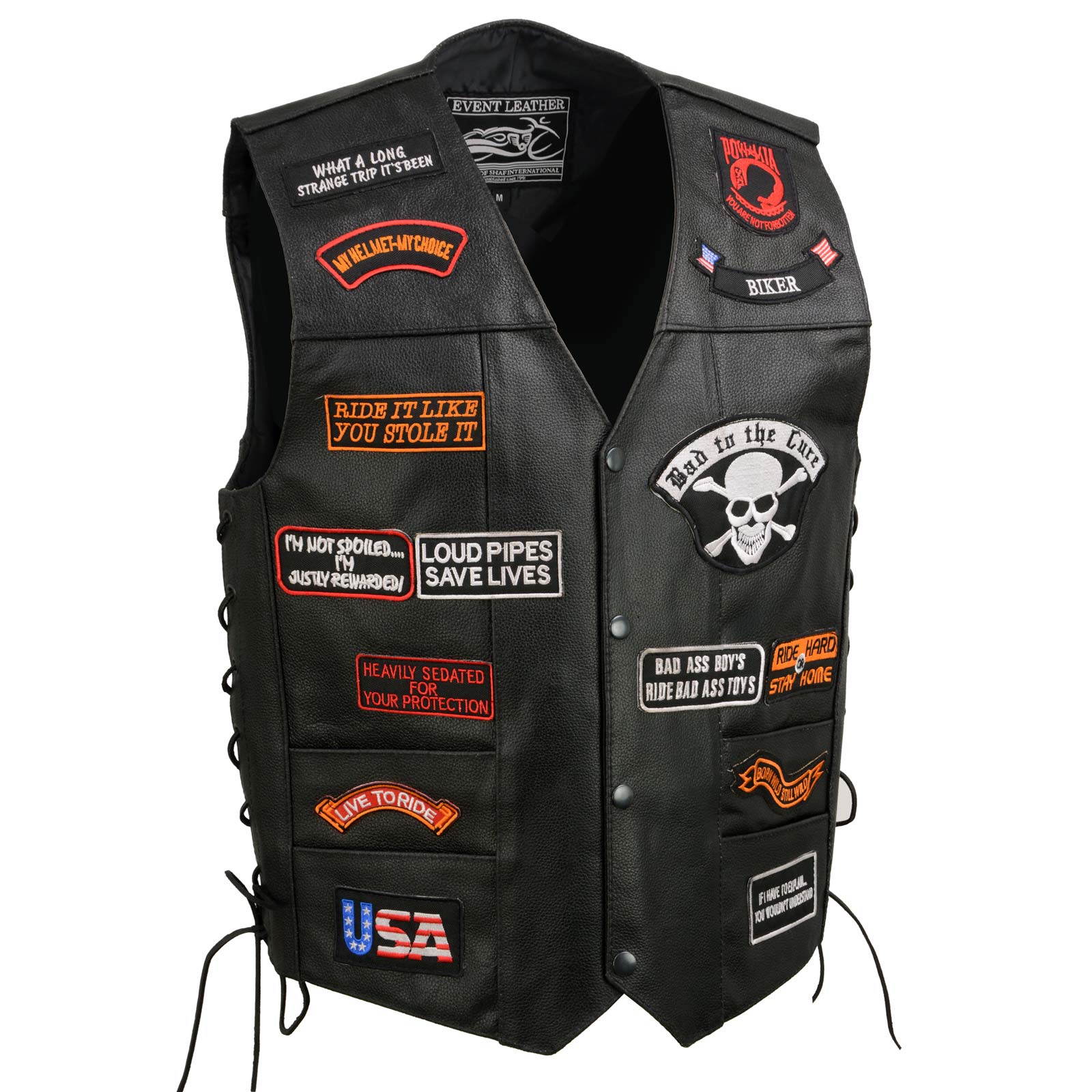 Event Leather ELM3920 Men's Black Leather Pre-Patched Bikers Vest w/ 6 Pockets - 23 Patches and Side Laces - Image 5