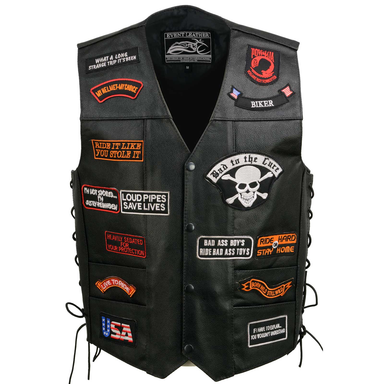 Event Leather ELM3920 Men's Black Leather Pre-Patched Bikers Vest w/ 6 Pockets - 23 Patches and Side Laces - Image 8