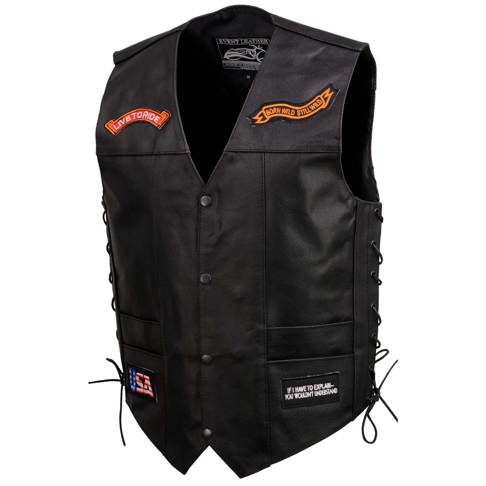 Event Leather ELM3930 Men’s Black Motorcycle Riders Leather Vest w/ 9 Patches and Adjustable Side Laces - Image 13