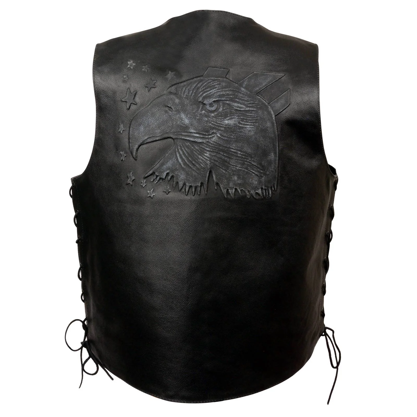 Event Leather ELM3940 Men's Motorcycle Riders Black Leather Vest w/ Embossed American Bald Eagle Head and Stars