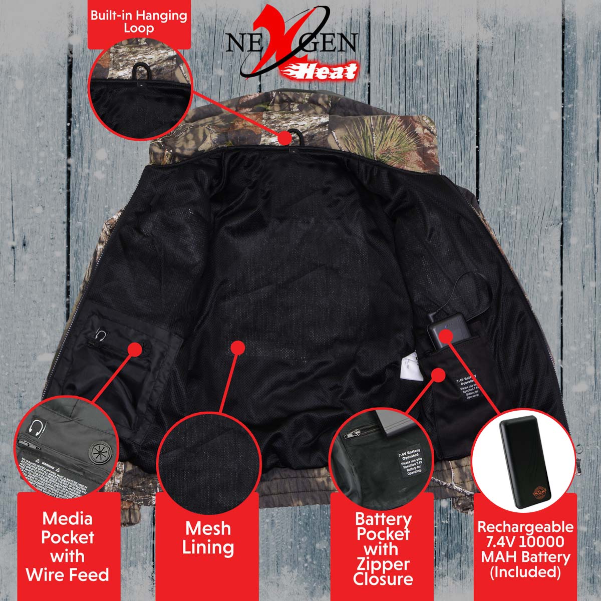 Nexgen Heat NXM1776SET Men's Camouflaged Heated Zipper Hoodies - Warming Camo Hoodie for Hunting w/ Battery - Image 4