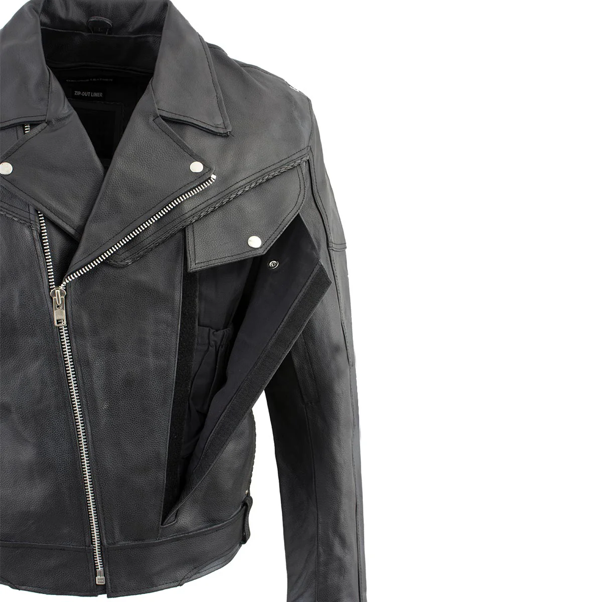 Genuine Leather EL1055 Men's Black Classic Vented ‘Braided’ Moto Jacket with Utility Pocket - Image 4