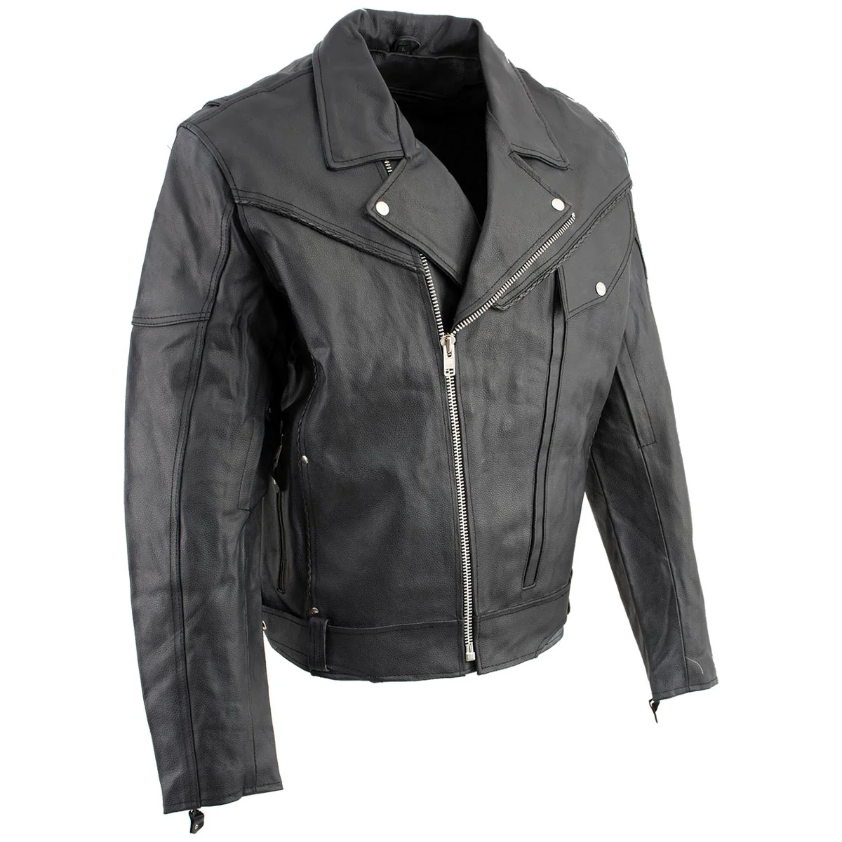 Genuine Leather EL1055 Men's Black Classic Vented ‘Braided’ Moto Jacket with Utility Pocket - Image 6