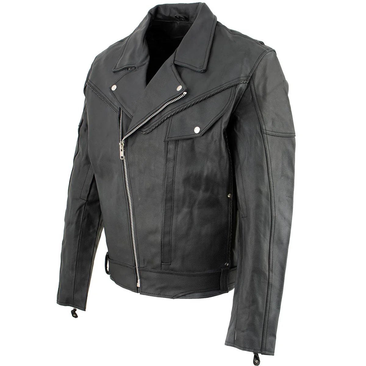Genuine Leather EL1055 Men's Black Classic Vented ‘Braided’ Moto Jacket with Utility Pocket - Image 7