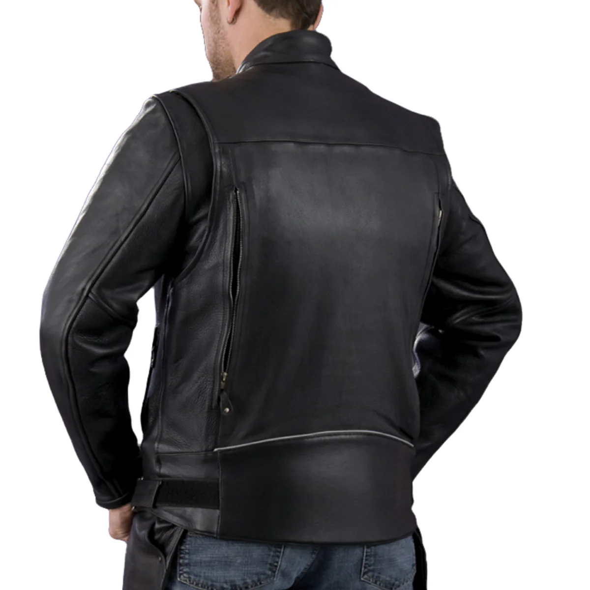 Genuine Leather EL1409 Men's Black Leather Vented Mandarin Collar Racer Jacket - Image 2