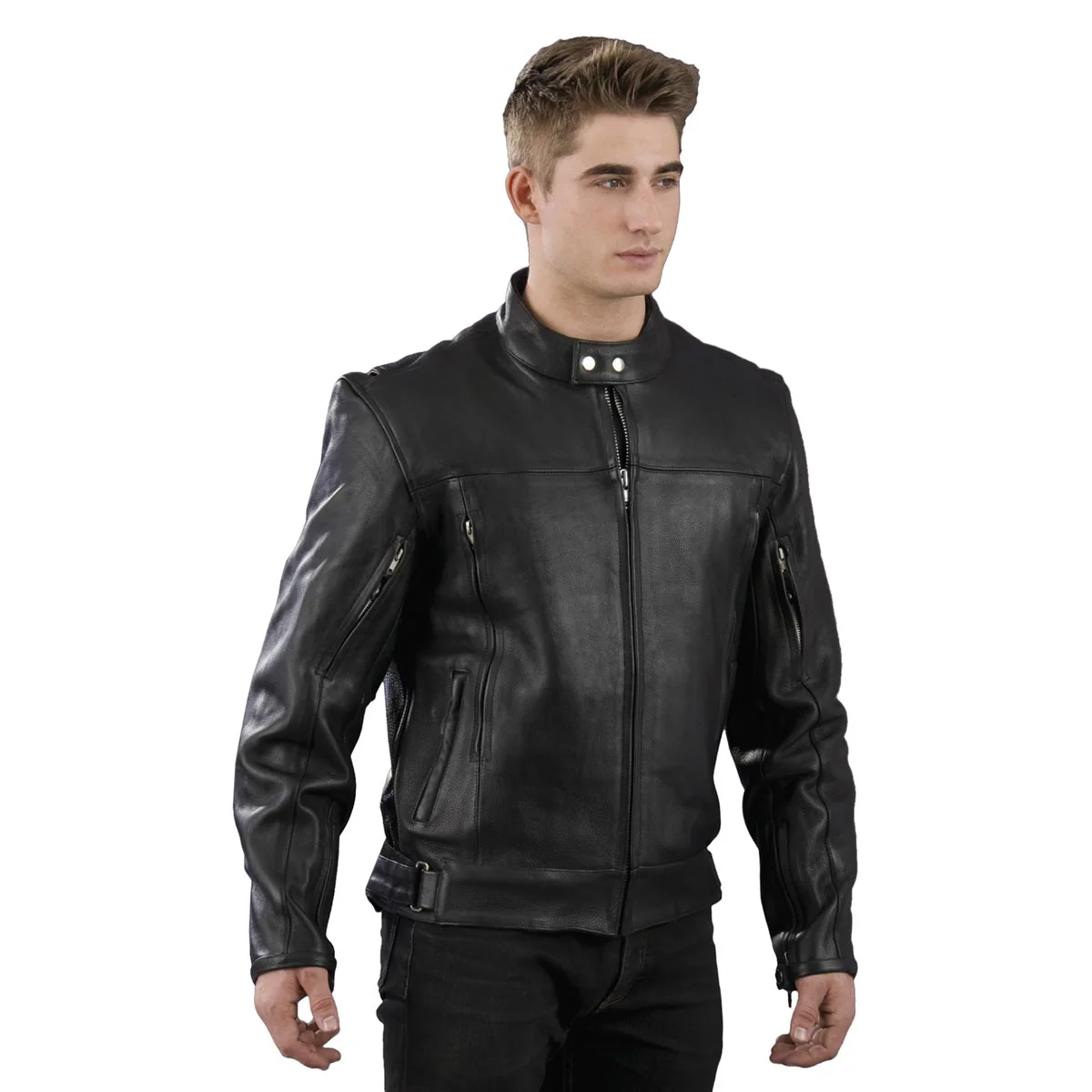 Genuine Leather EL1409 Men's Black Leather Vented Mandarin Collar Racer Jacket - Image 3
