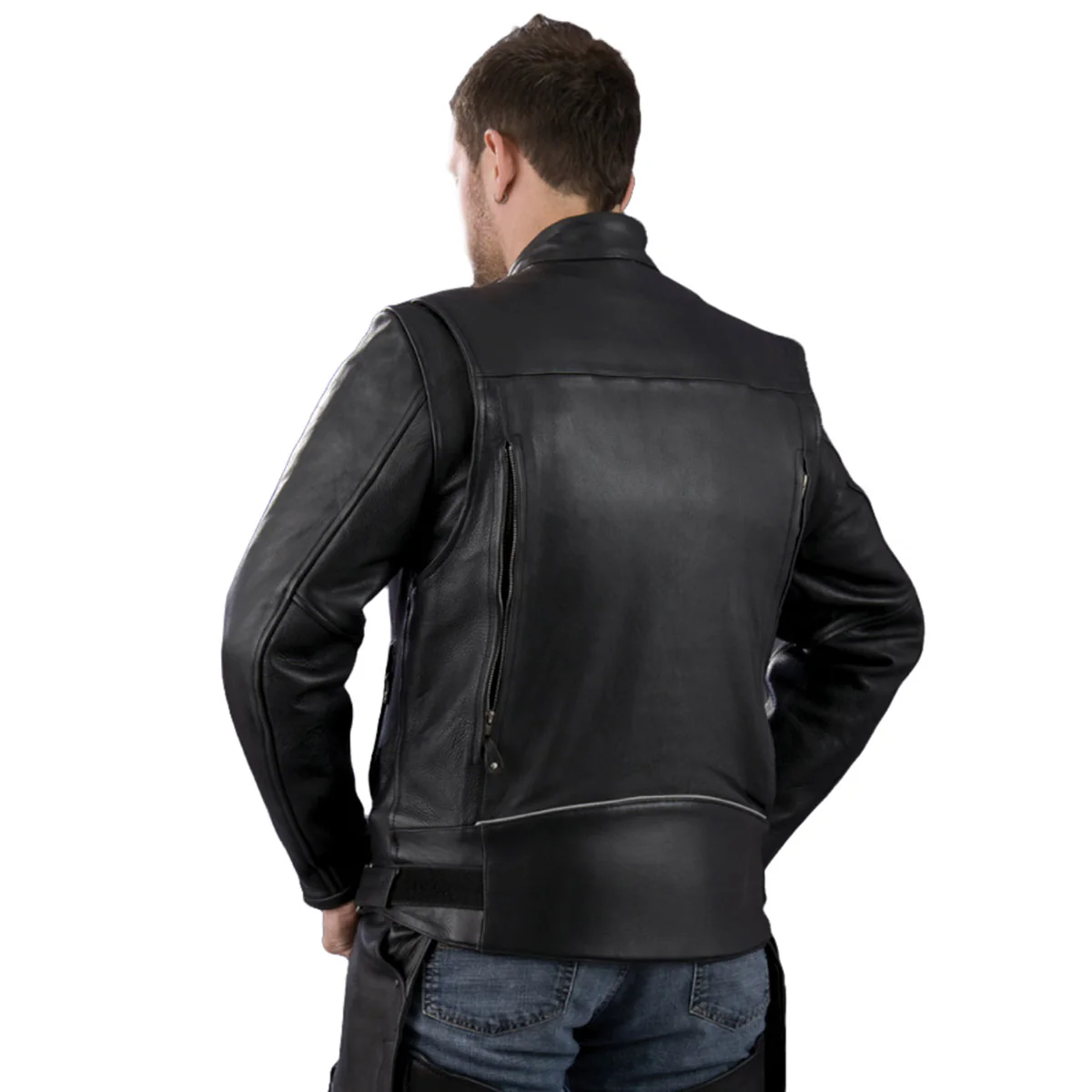 Genuine Leather EL1409 Men's Black Leather Vented Mandarin Collar Racer Jacket - Image 4