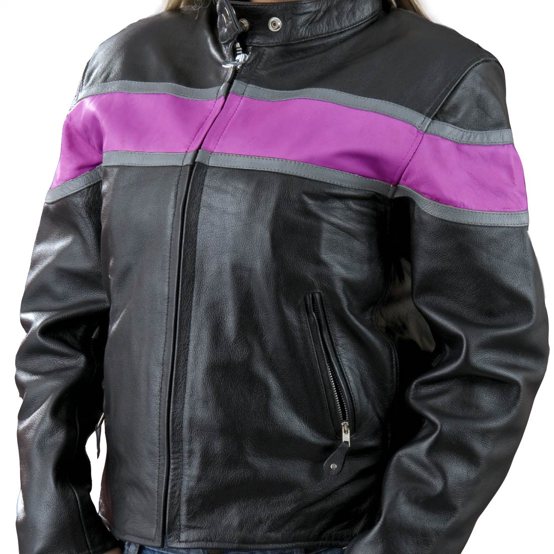 Genuine Leather EL7111 Ladies Black and Purple Racer Style Leather Jacket - Image 2
