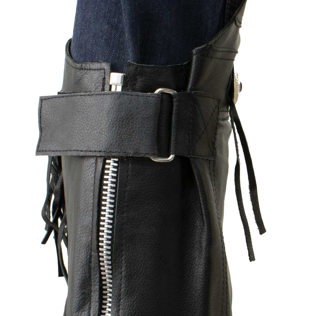 Genuine Leather SH1199FR Women's Black ‘Fringed’ Leather Short Chaps with Conchos with Conchos - Image 3