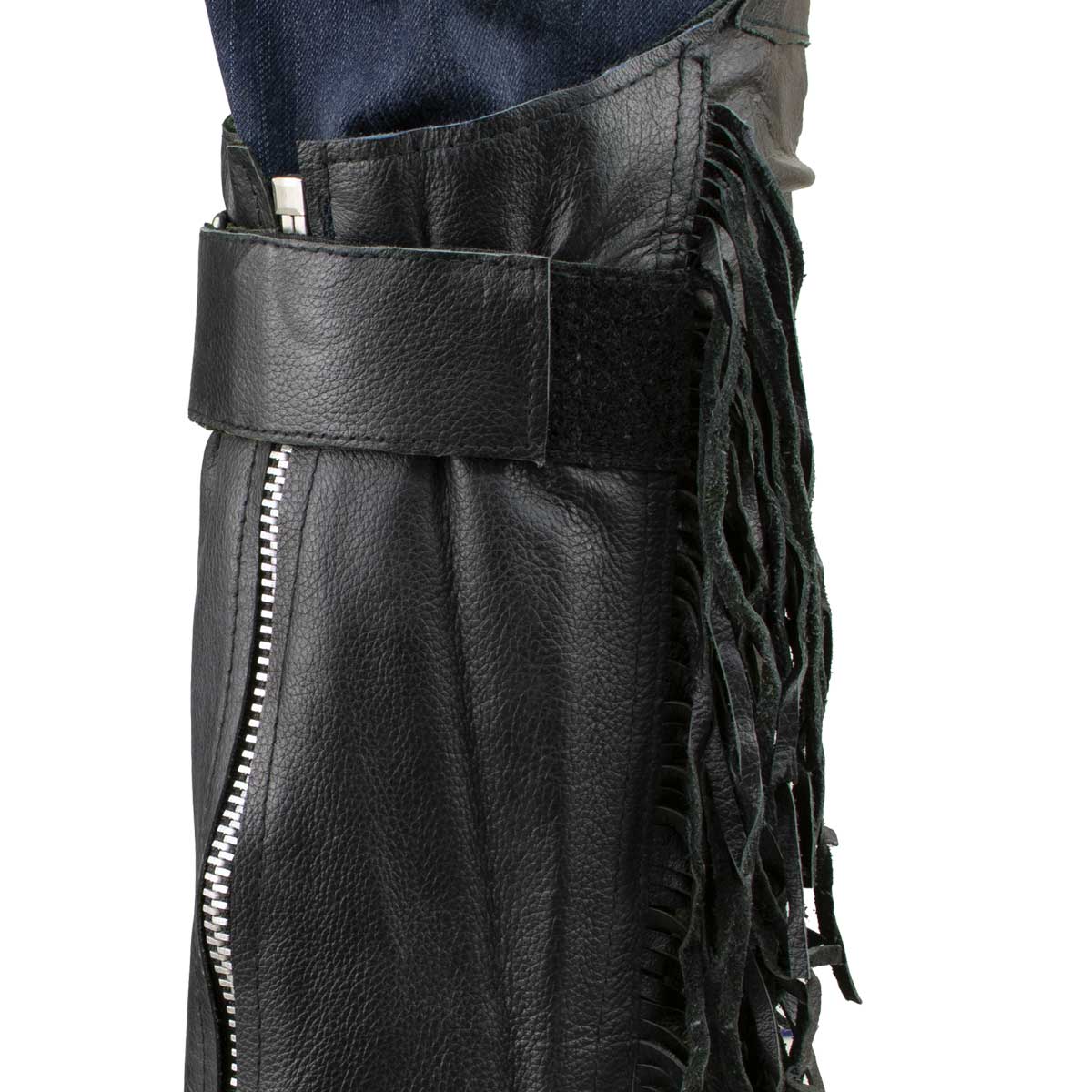 Genuine Leather SH1199FR Women's Black ‘Fringed’ Leather Short Chaps with Conchos with Conchos - Image 4