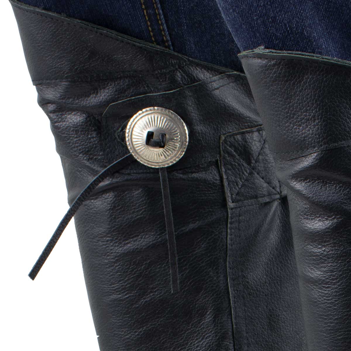 Genuine Leather SH1199FR Women's Black ‘Fringed’ Leather Short Chaps with Conchos with Conchos - Image 5