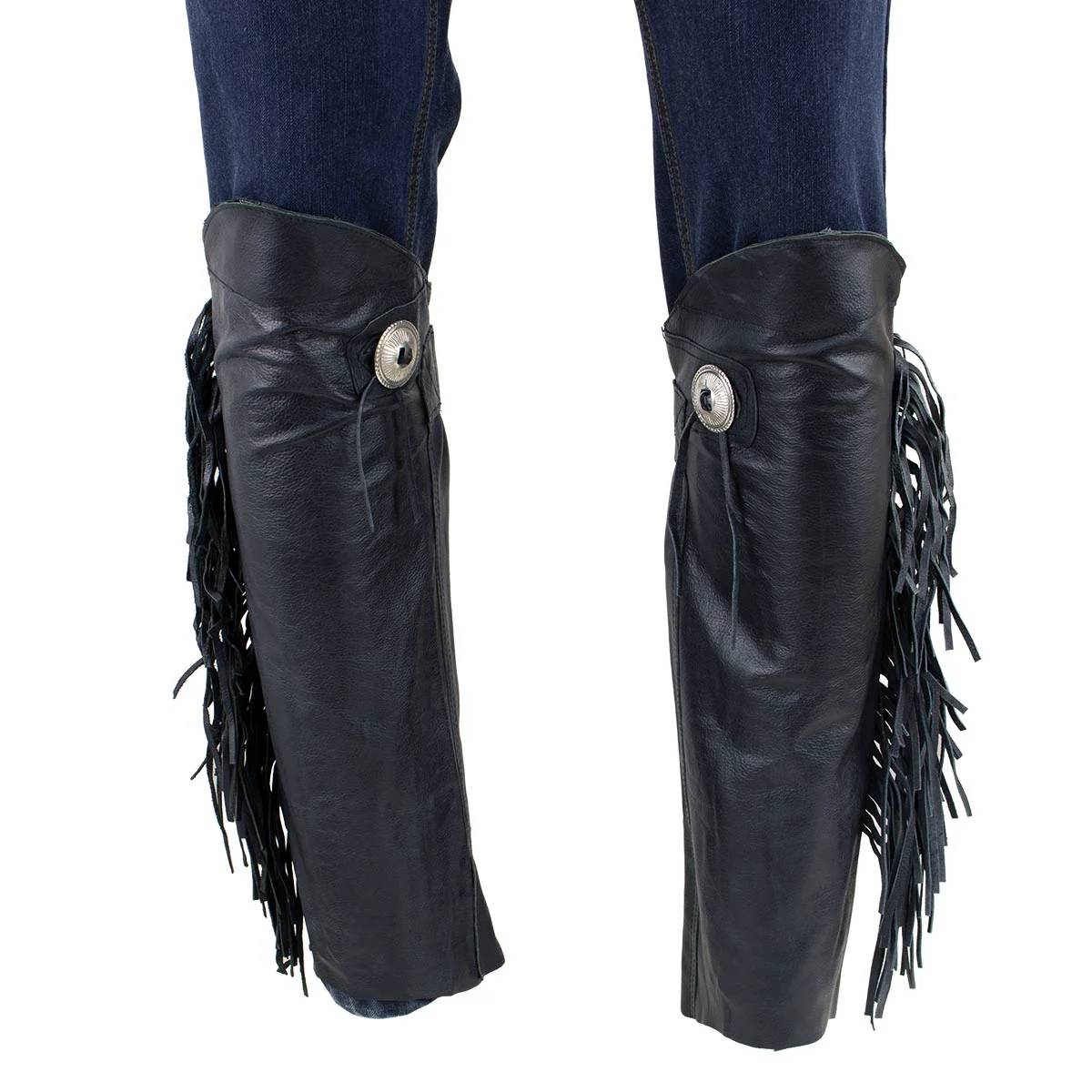 Genuine Leather SH1199FR Women's Black ‘Fringed’ Leather Short Chaps with Conchos with Conchos - Image 7