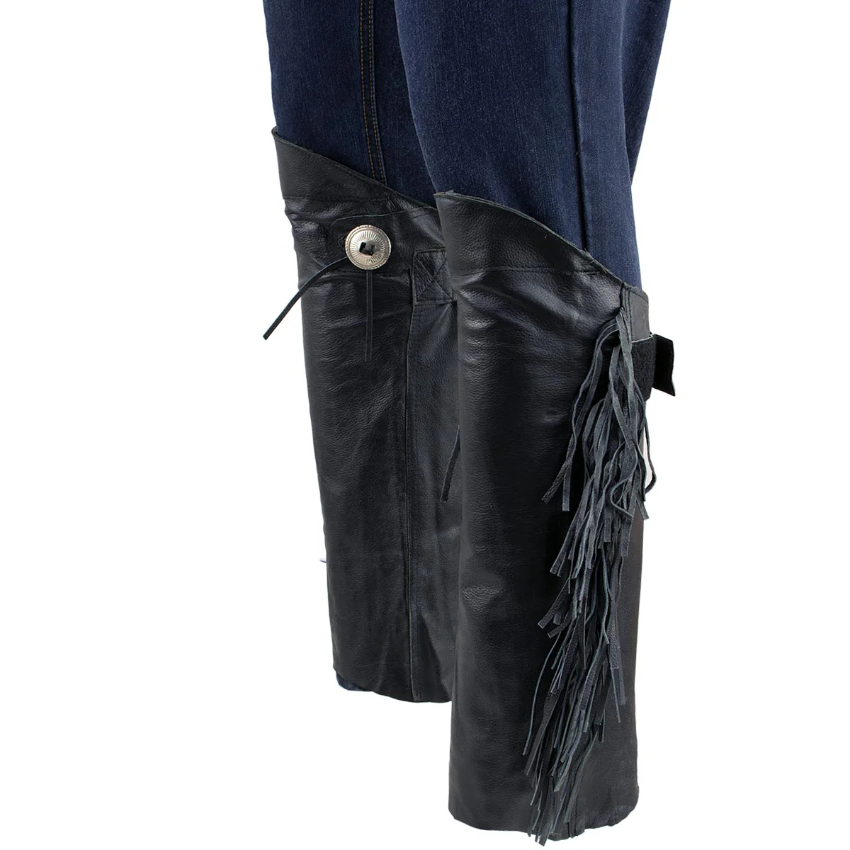 Genuine Leather SH1199FR Women's Black ‘Fringed’ Leather Short Chaps with Conchos with Conchos - Image 8