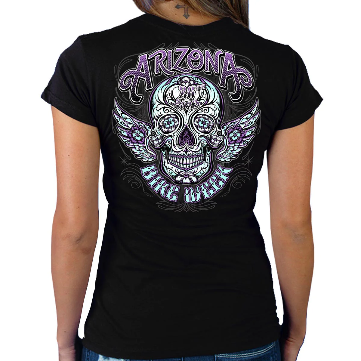 Hot Leathers AZL1406 Women's 2023 Arizona Bike Week Sugar Skull T-Shirt - Image 3