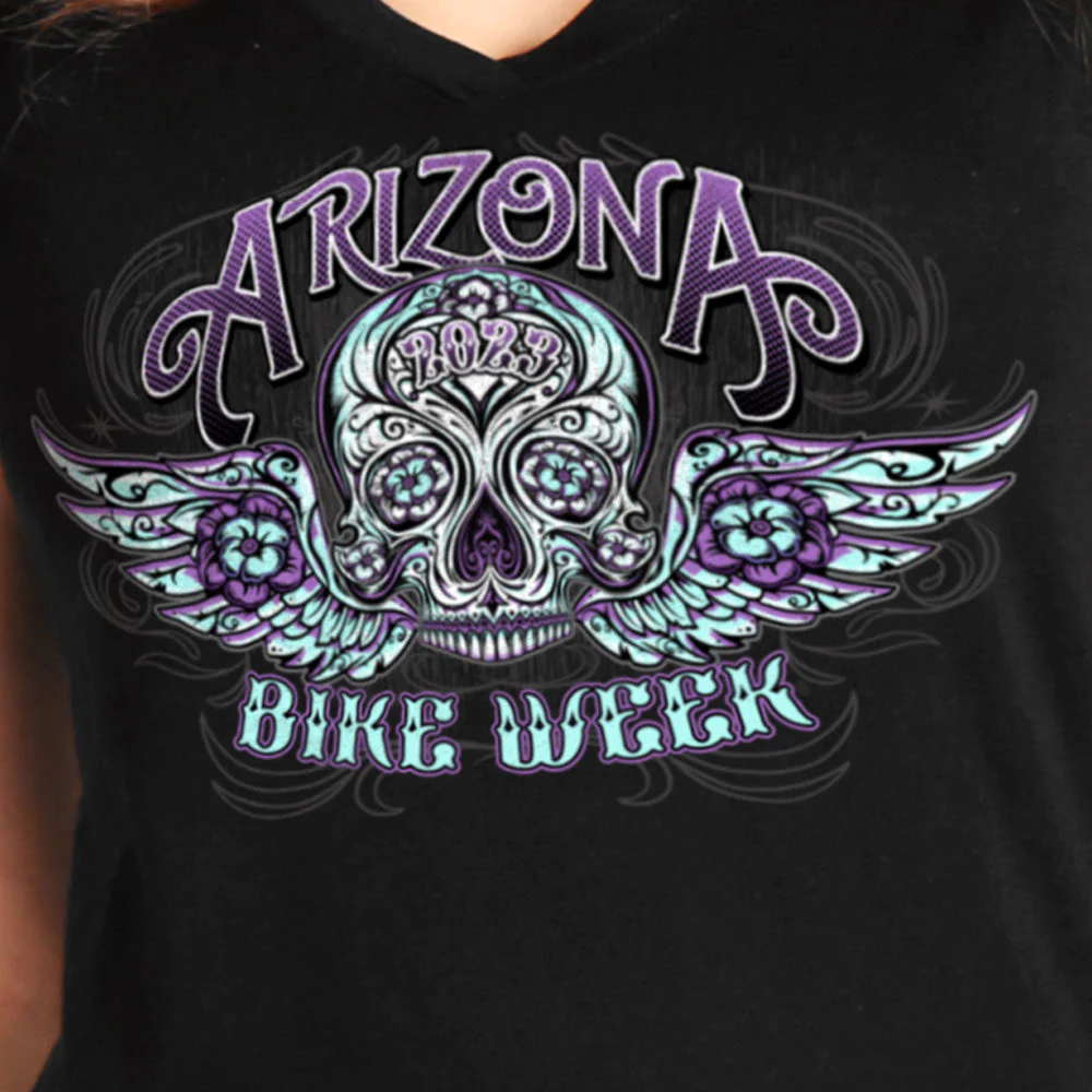 Hot Leathers AZL1406 Women's 2023 Arizona Bike Week Sugar Skull T-Shirt - Image 4