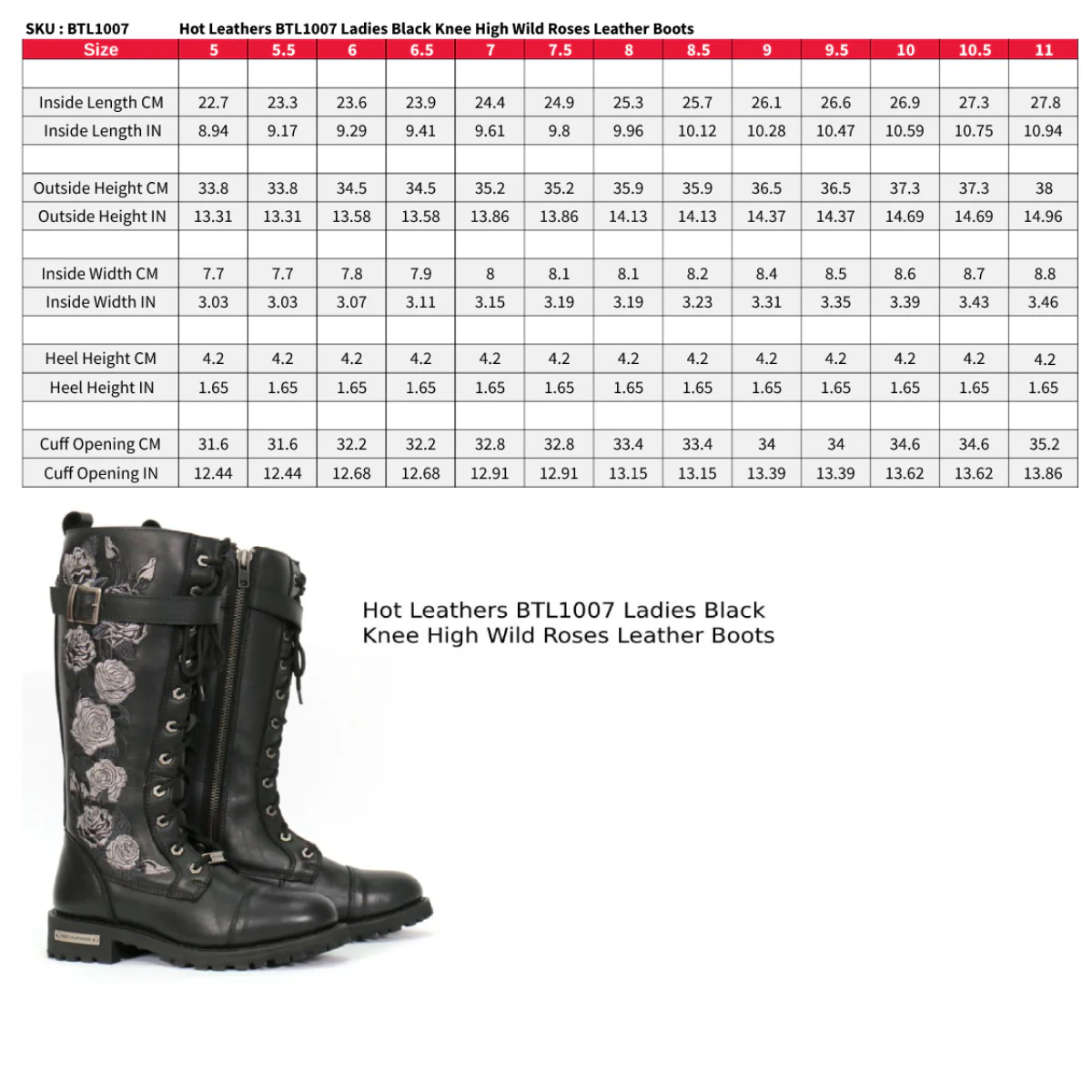 Hot Leathers BTL1007 Ladies Black Knee High Wild Roses Leather Boots - Image 3