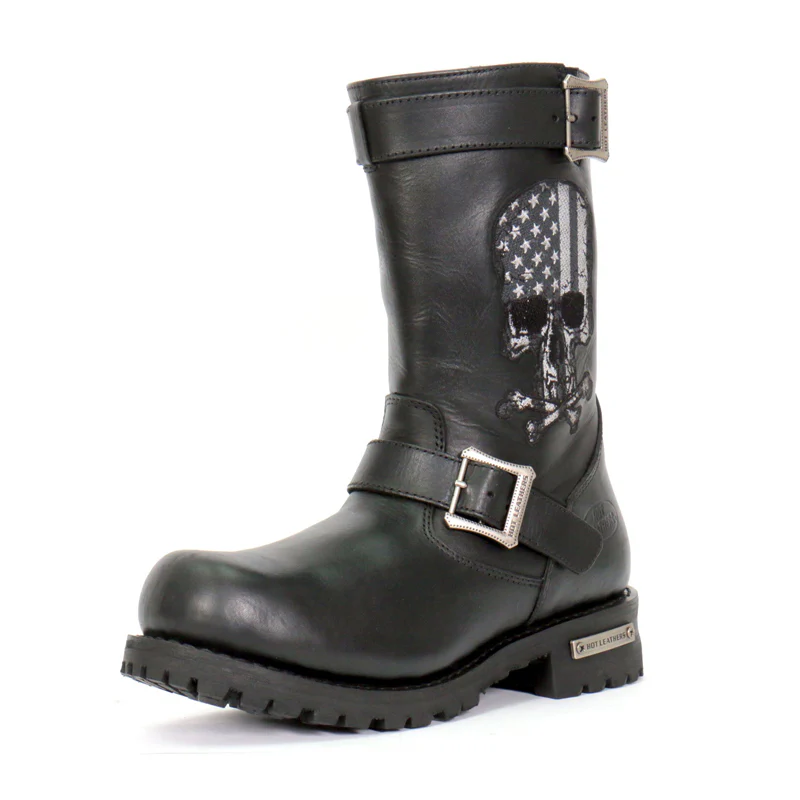 Hot Leathers BTM1018 Men’s Black Tall Harness Flag Skull Boot with Round Toe - Image 6