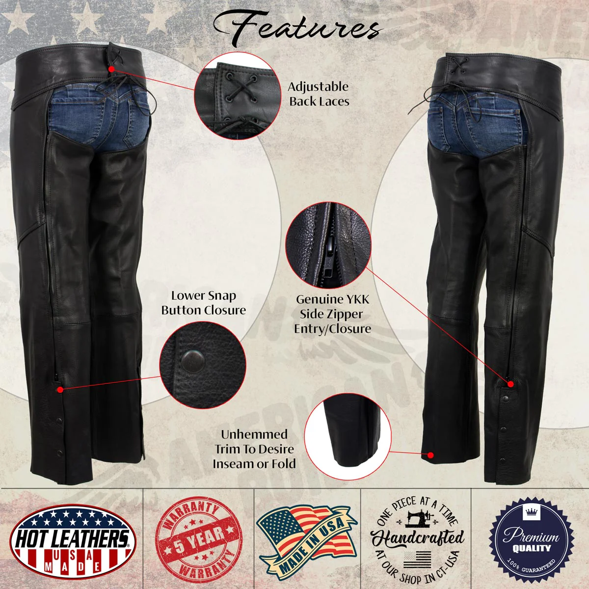 Hot Leathers CHL5001 USA Made Women's 'Shade' Black Premium Leather Motorcycle Chaps - Image 4