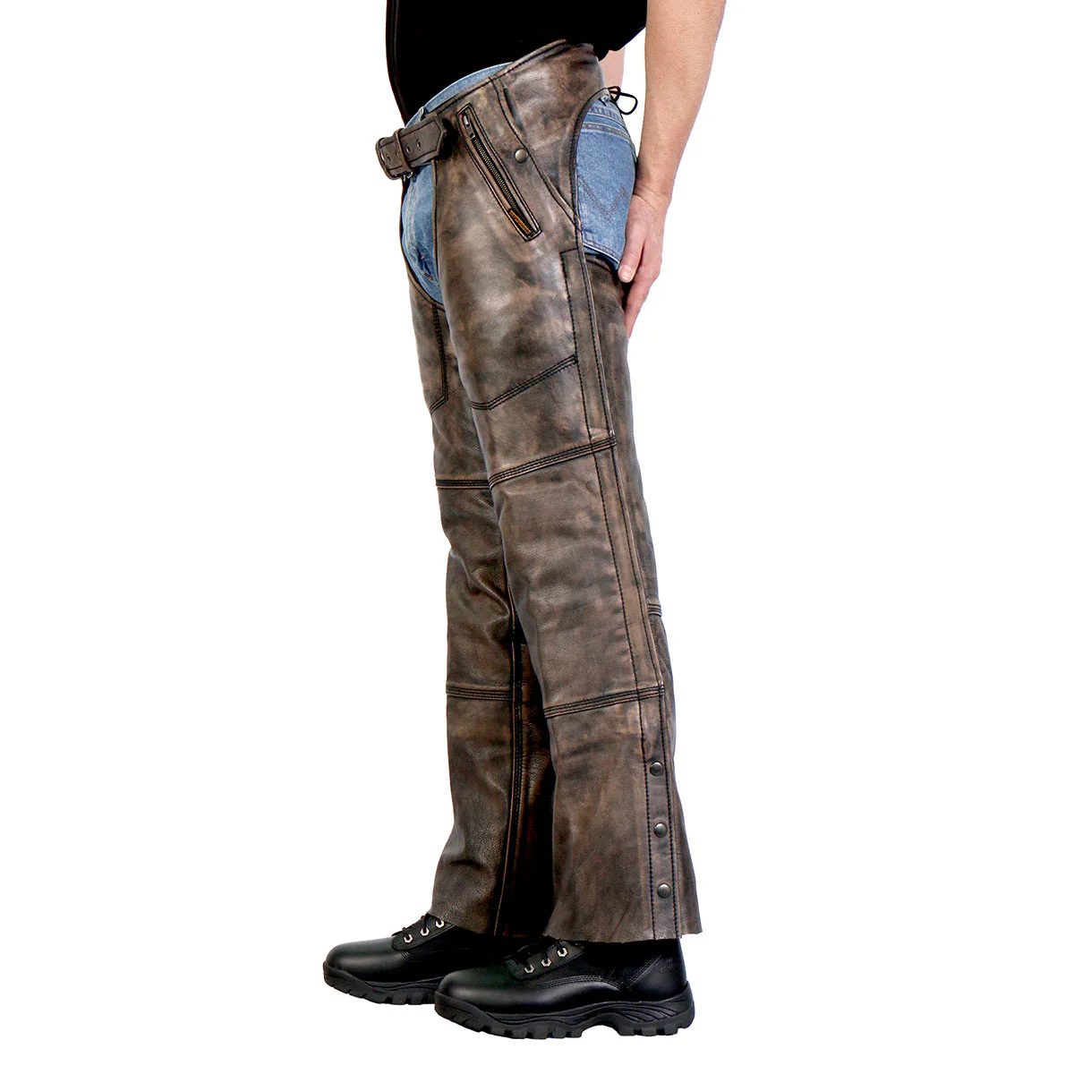 Hot Leathers CHM1008 Unisex Distressed Brown Premium Motorcycle Leather Chaps - Image 2