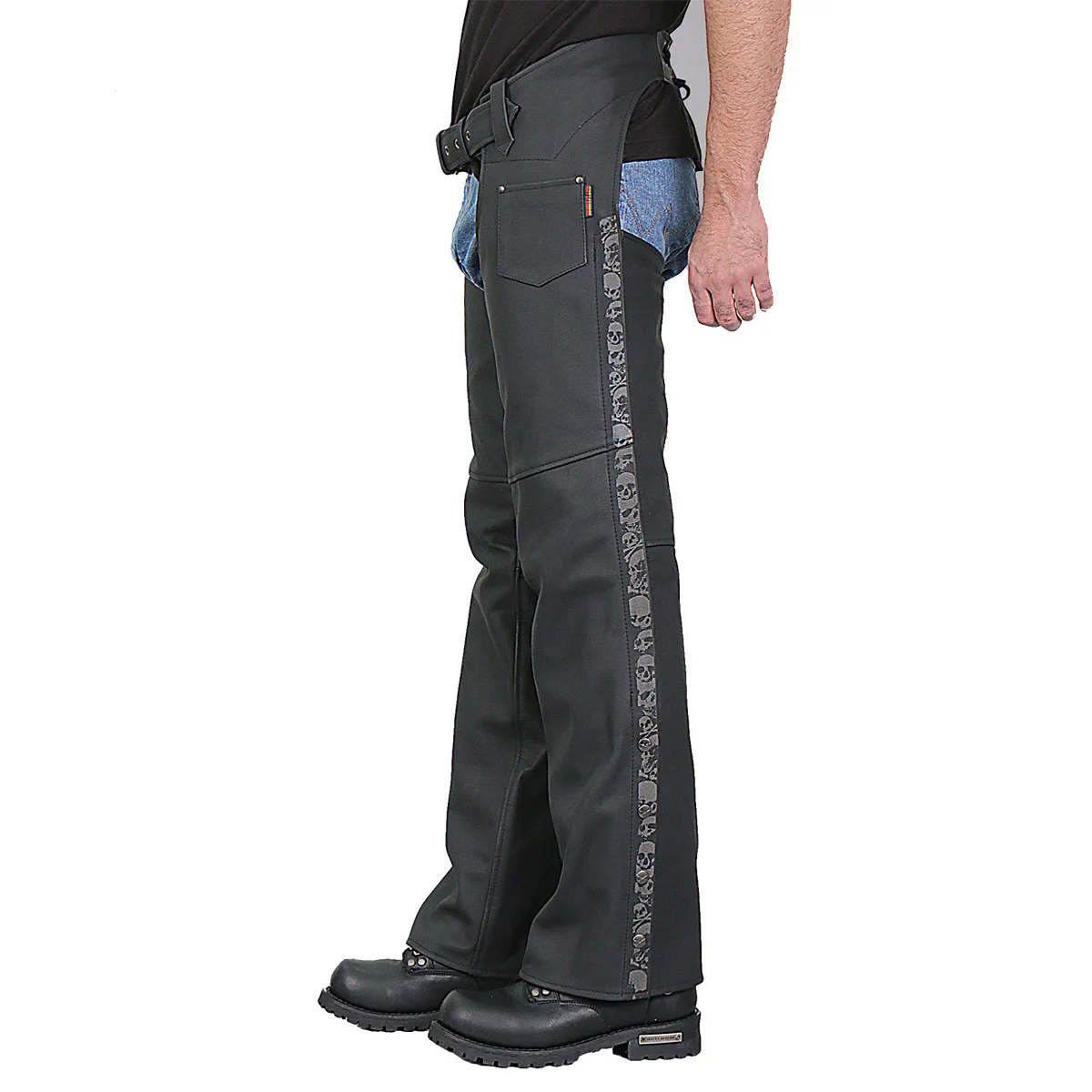 Hot Leathers CHM2001 Men’s Matte Black Leather Chaps with Ancient Skull Artwork