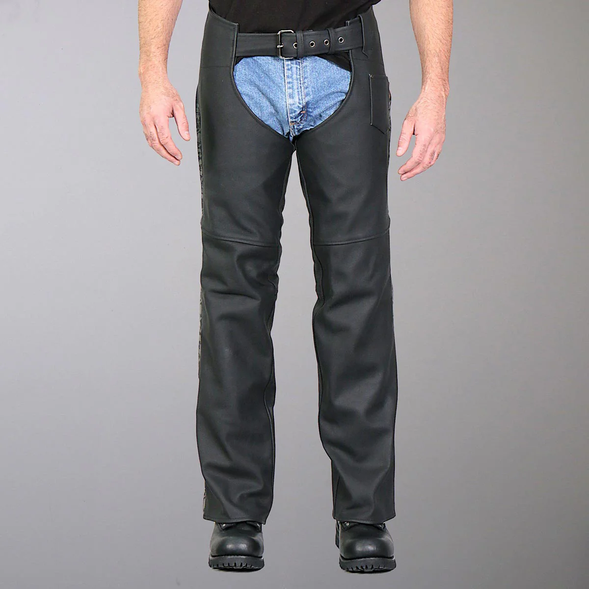 Hot Leathers CHM2001 Men’s Matte Black Leather Chaps with Ancient Skull Artwork - Image 3