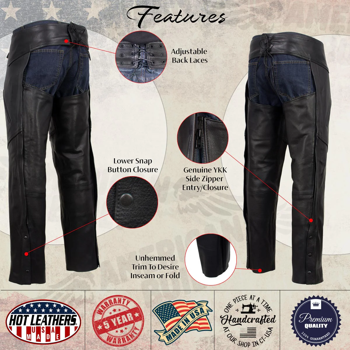 Hot Leathers CHM5001 USA Made Men's 'Cloak' Classic Black Premium Leather Motorcycle Chaps - Image 4