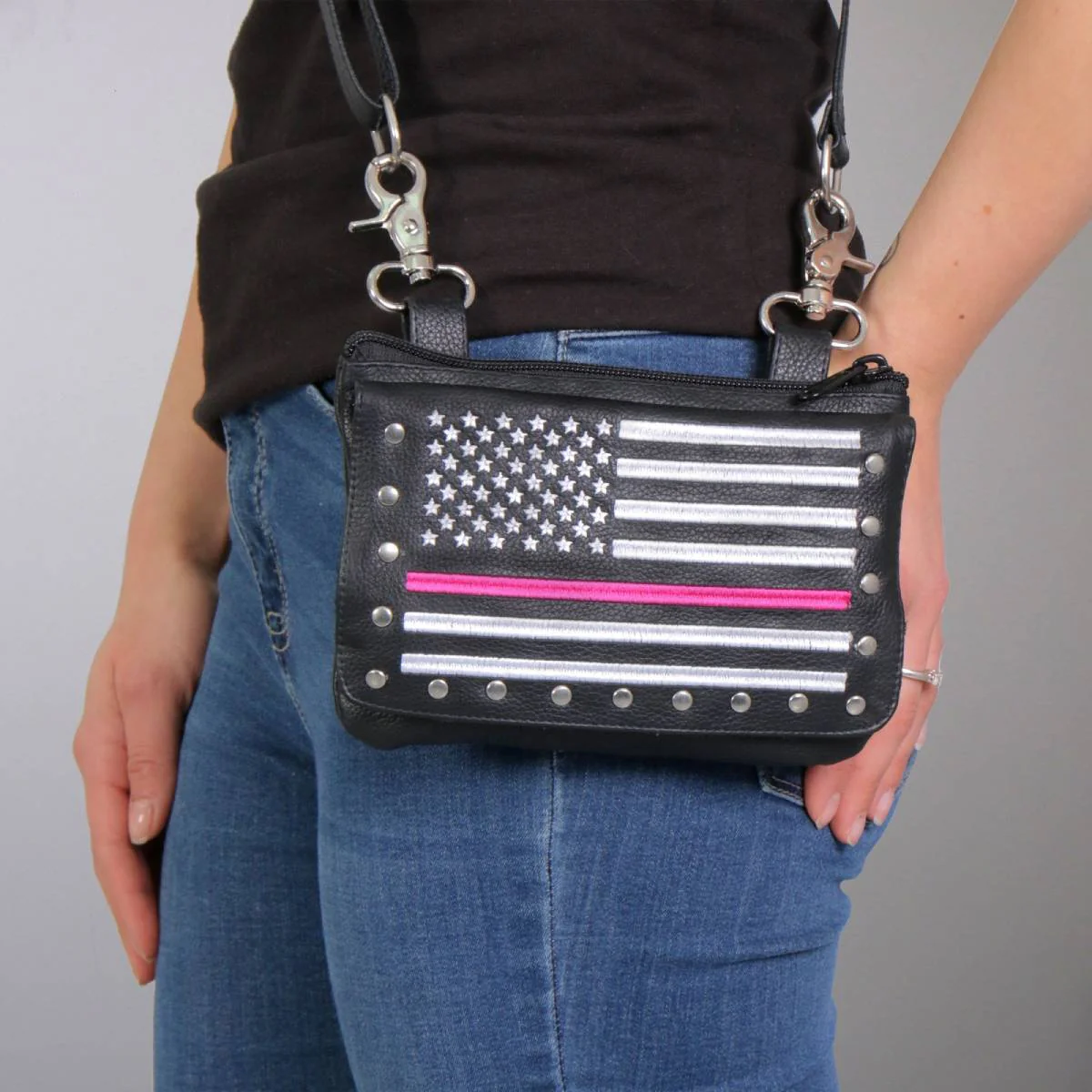 Hot Leathers CPE2102 Embroidered Clip Pouch Purse with Pink Line American Flag - Image 4