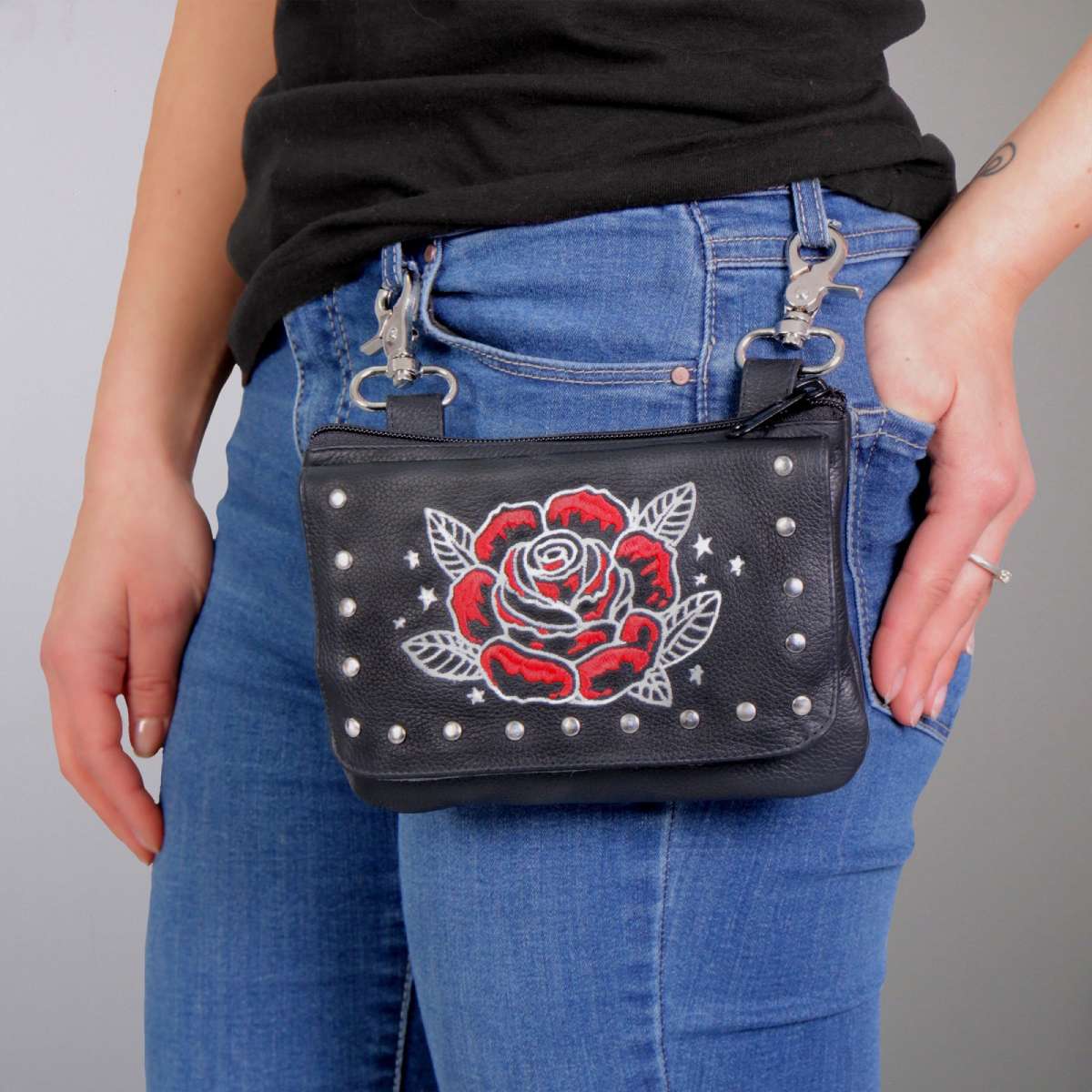 Hot Leathers CPE2103 Embroidered Clip Pouch Purse with Rose and Stars - Image 3
