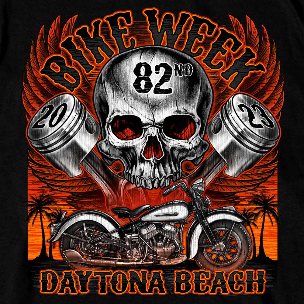 Hot Leathers EDM1188 Men's 2023 Daytona Bike Week Skull Pistons Black T-Shirt - Image 4