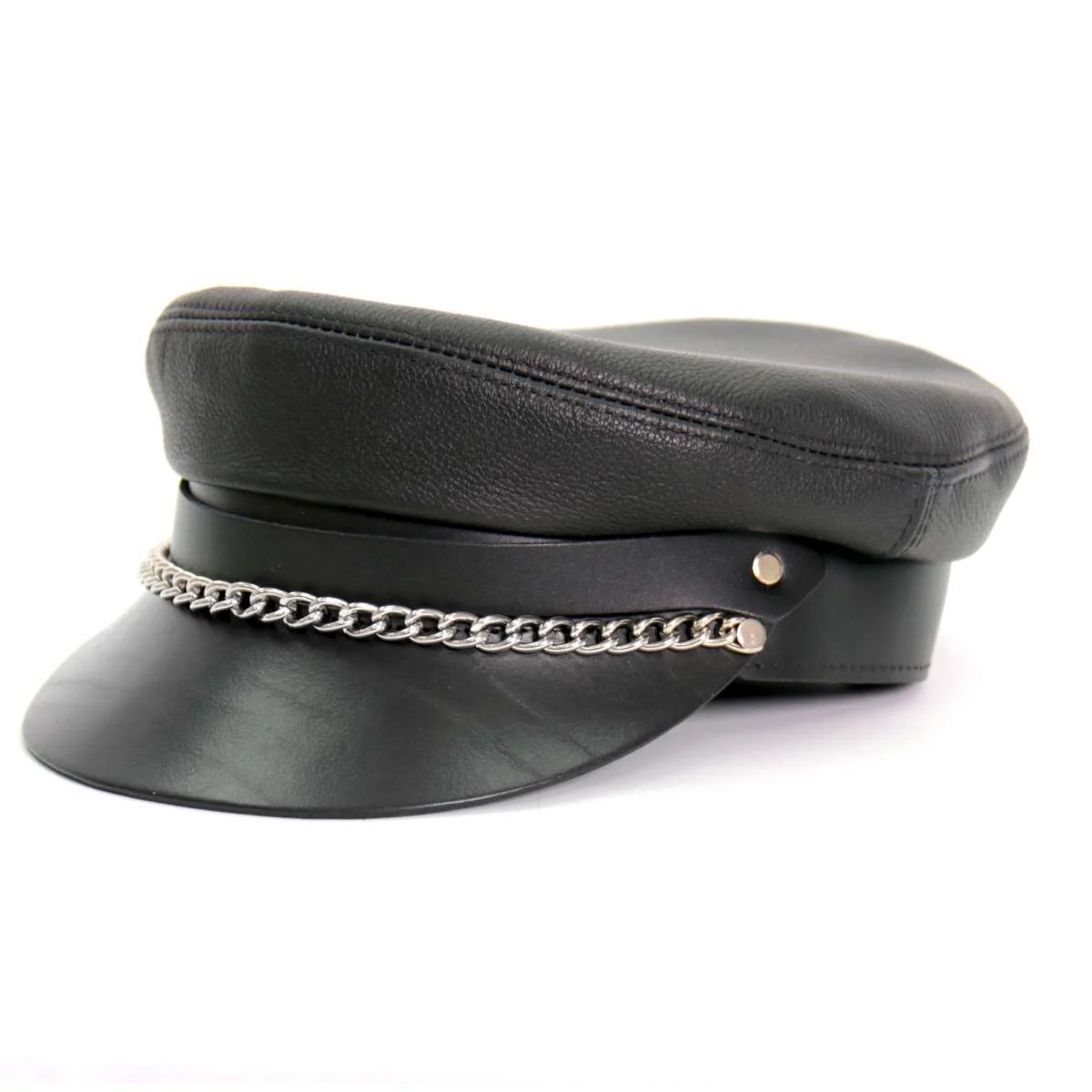 Hot Leathers Flat Top Biker Leather Cap With Chain LHA2004 - Image 2